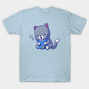 Cute Cat Sleeping With Pillow Cartoon T-Shirt